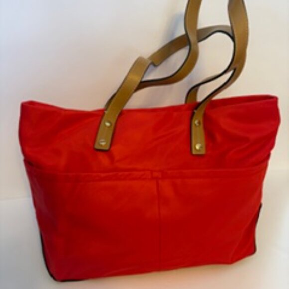 Calvin Klein Red Nylon Tote Bag with Gold-tone Hardware and Tan Handles